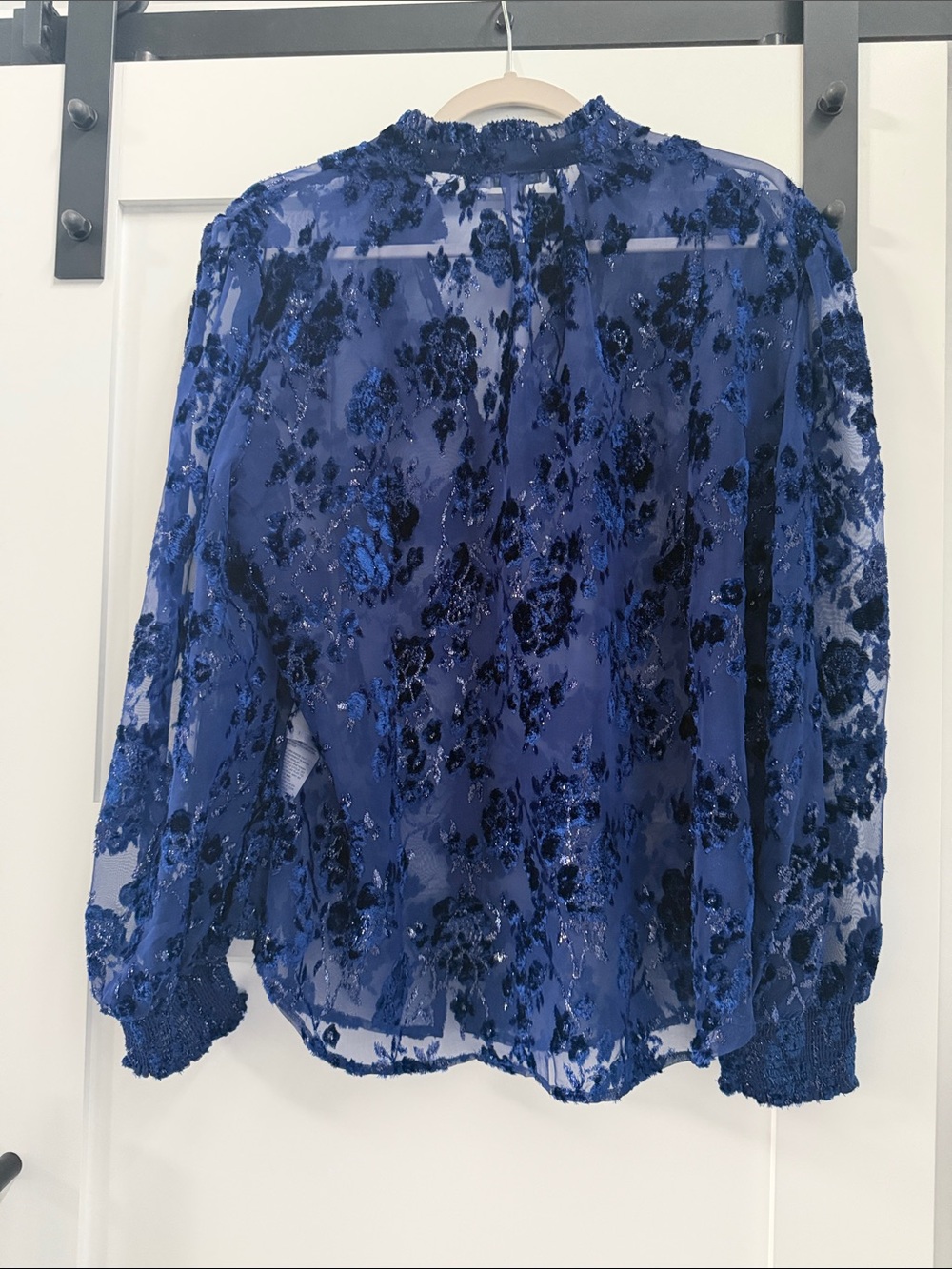 Chico's Royal Blue Velvet Floral Sheer Blouse - Picture 3 of 4